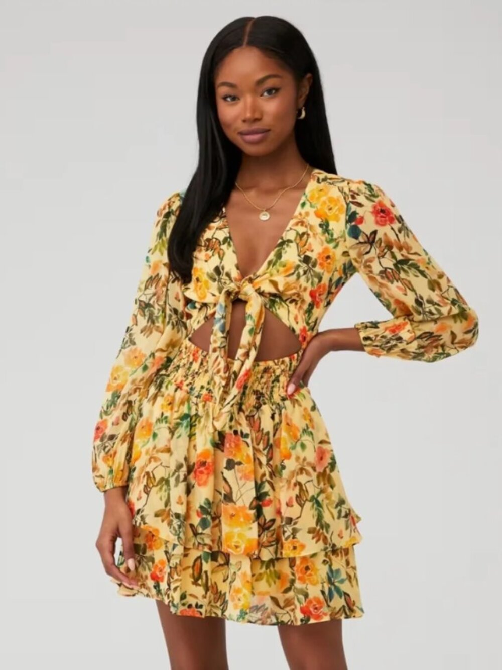 Rays For Days Laurel Tie-Front Yellow Floral Mini Dress - Size Medium
